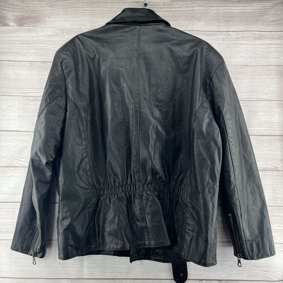 Vtg King Black Leather Belted Biker Jacket Motorcycle Quilted Sz M Made in Italy - Picture 2 of 8